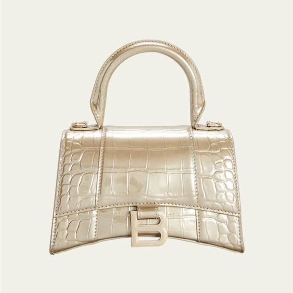 Balenciaga Hourglass XS Metallic Croc-Embossed Top-Handle Bag in Light Gold - Picture 1 of 11